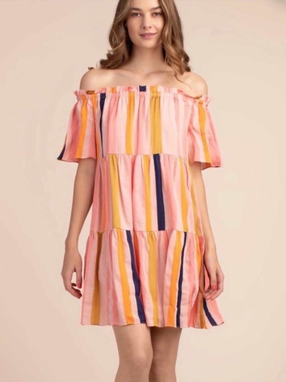 TRINA TURK Dreamy MINI OFF THE SHOULDER DRESS Linen Blend Colorblock size 4 S